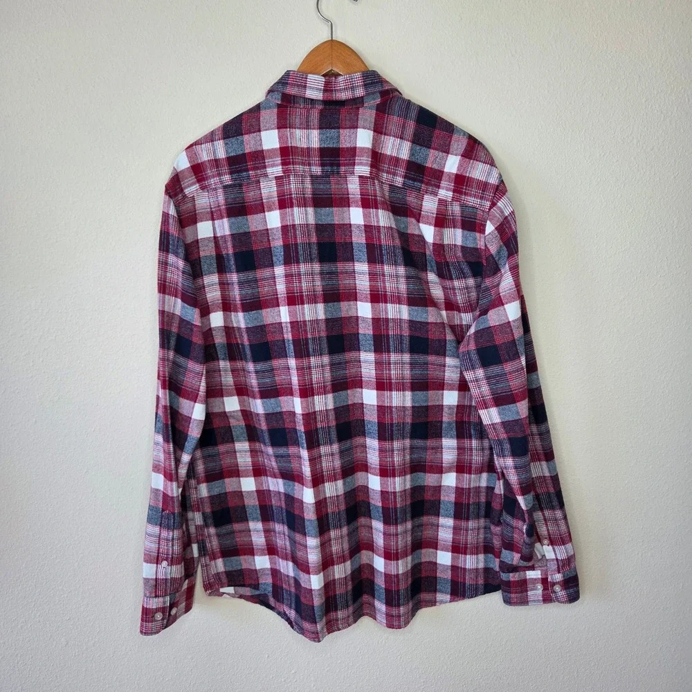 Original Penguin Mens XL Plaid Button Down Shirt Red Navy Blue Long Sleeve Logo